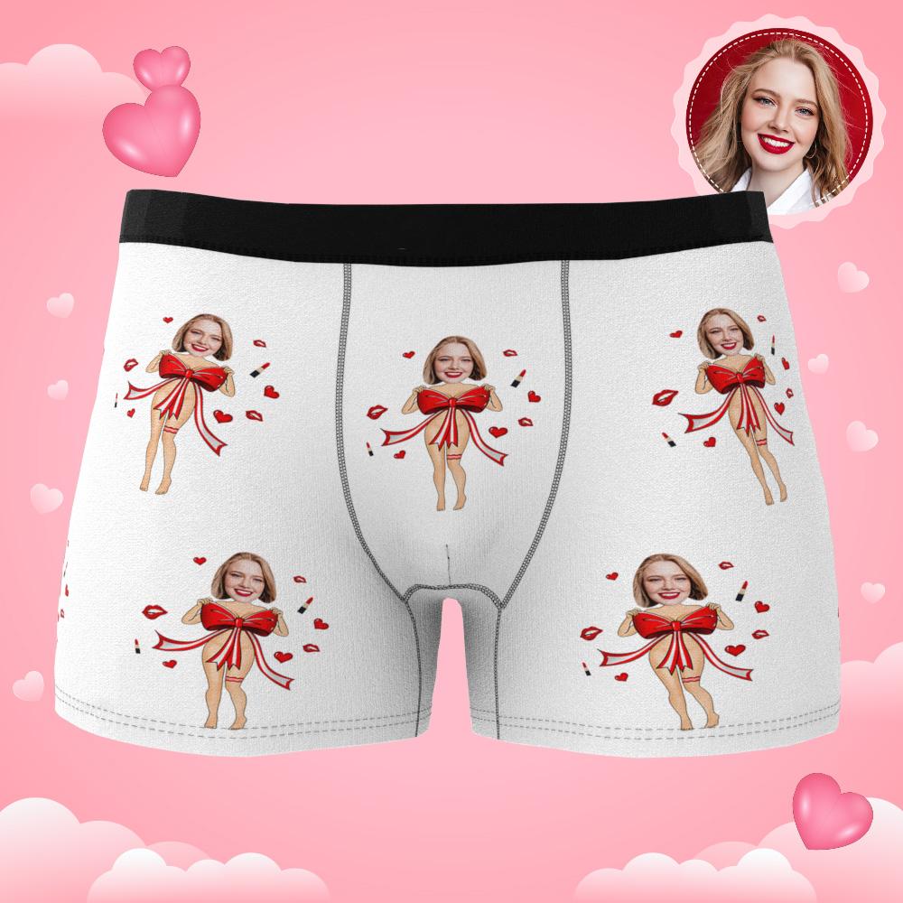 Custom Photo Boxer Red Bow Gift Underwear Men's Underwear Gift For Boyfriend AR View Valentine's Day Gift